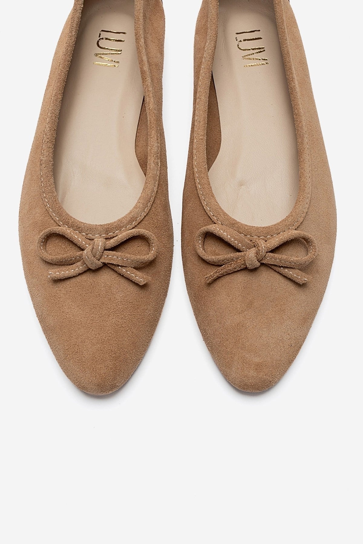 UMIEL - Taupe Genuine Leather Bow Ballet Flat – side view showing bow, leather, suede, Vowalisse
