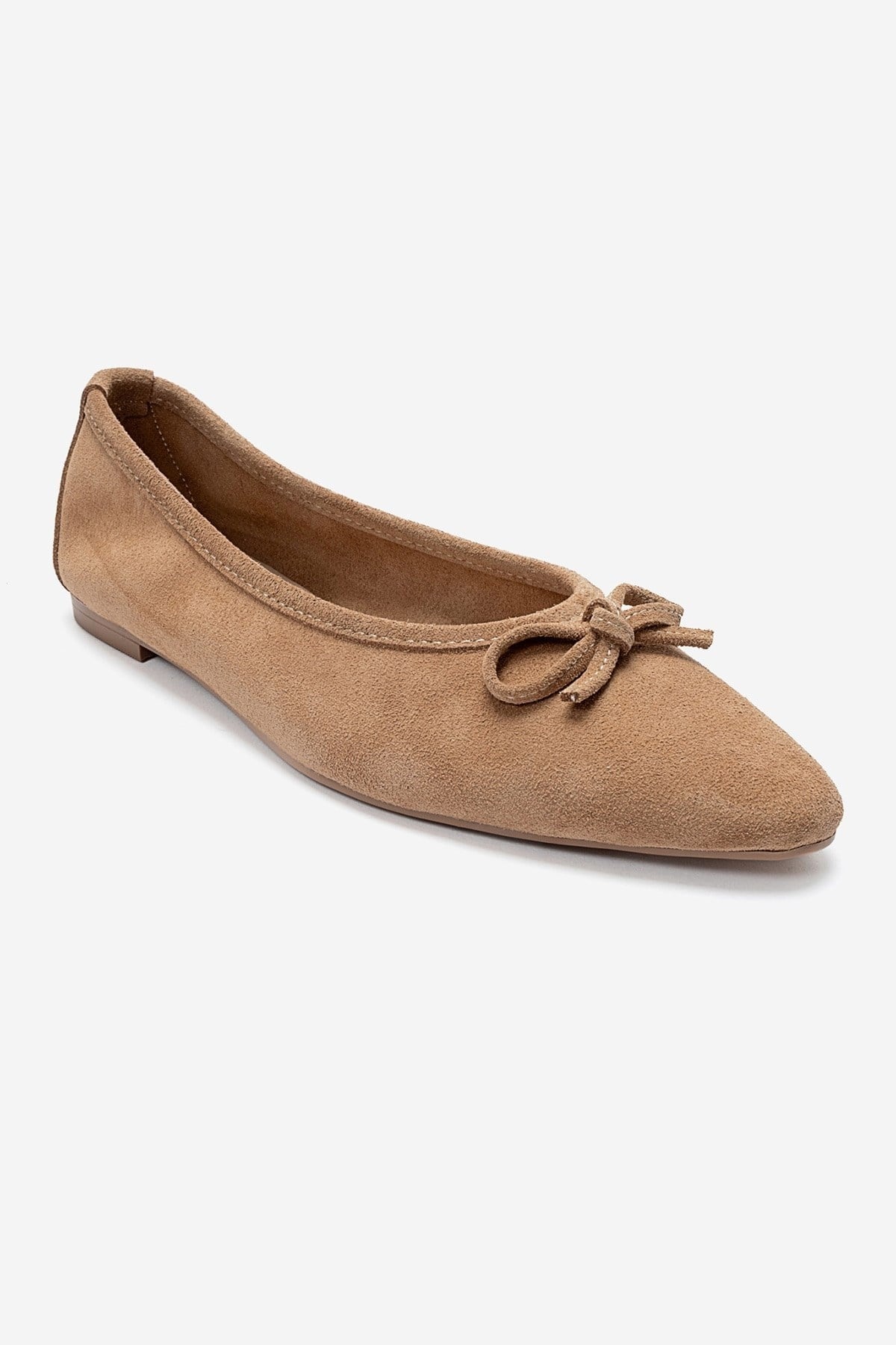 UMIEL - Taupe Genuine Leather Bow Ballet Flat – detail view showing bow, leather, suede, Vowalisse