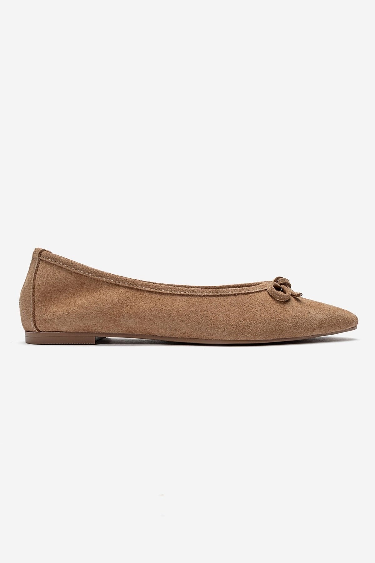 UMIEL - Taupe Genuine Leather Bow Ballet Flat – heel view showing bow, leather, suede, Vowalisse
