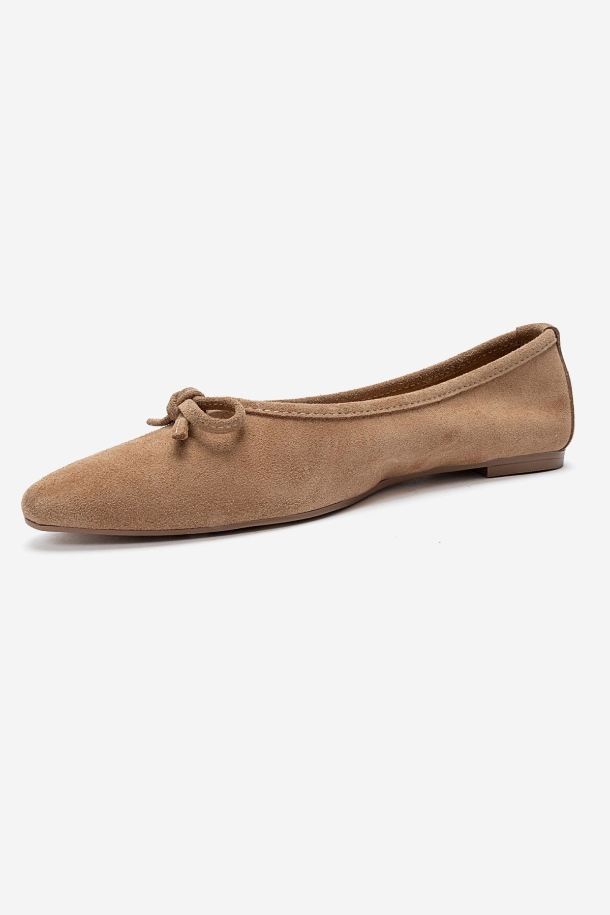 UMIEL - Taupe Genuine Leather Bow Ballet Flat – top view showing bow, leather, suede, Vowalisse
