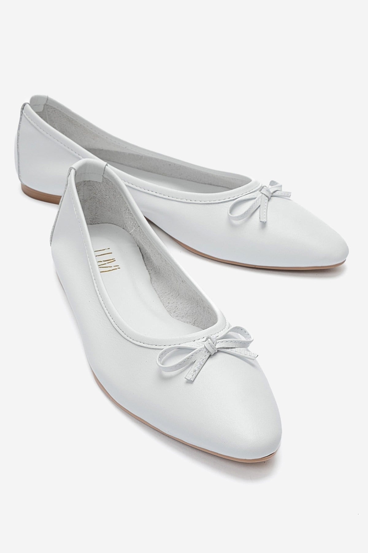 UMIEL - White Genuine Leather Bow Ballet Flat – front three-quarter view showing bow, leather, white, Vowalisse