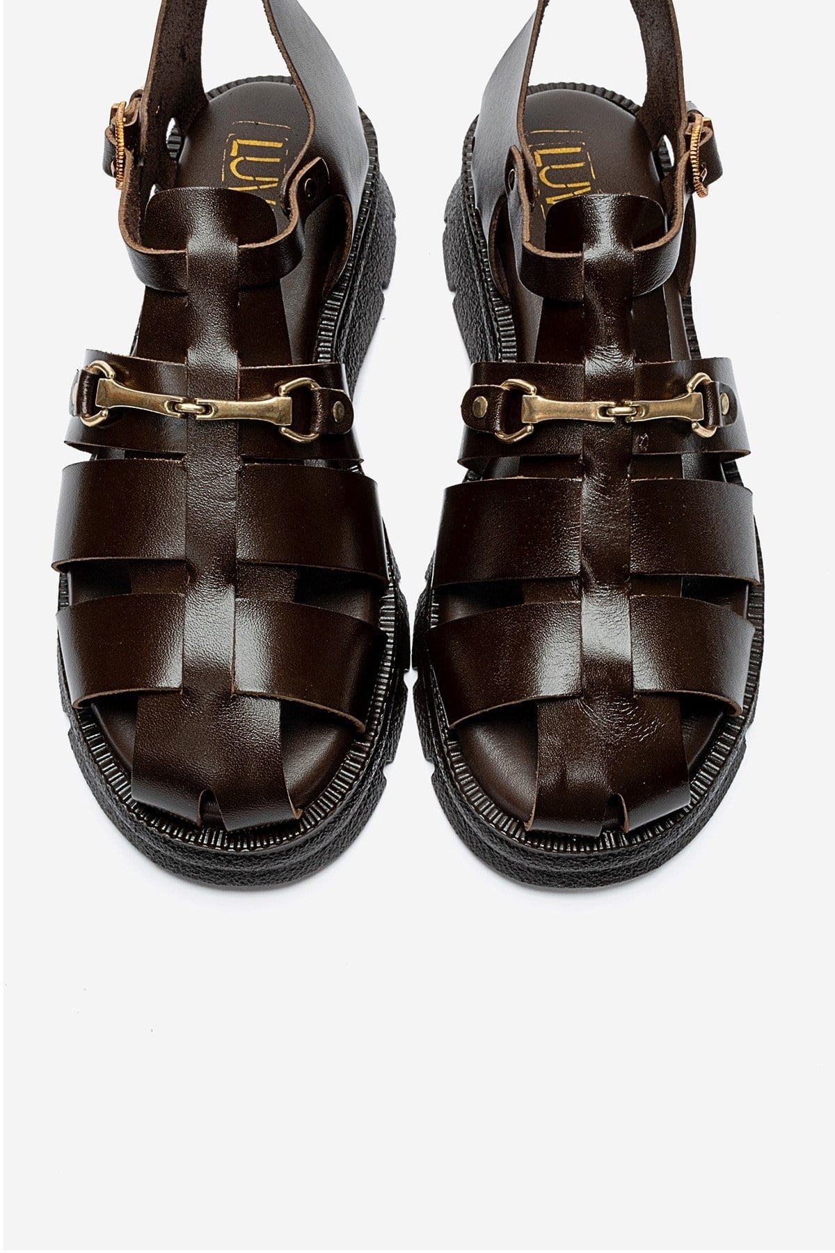 RIELA - Brown Genuine Leather Buckled Sandal – side view showing leather, gold, Vowalisse