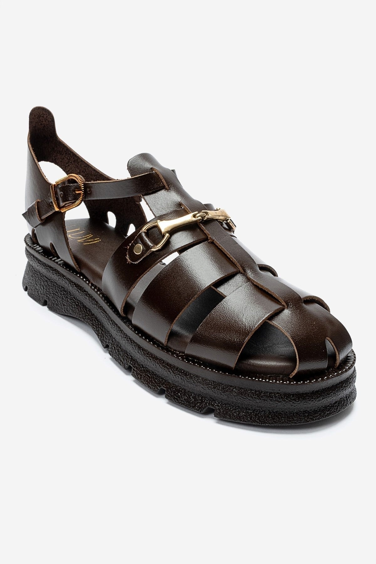 RIELA - Brown Genuine Leather Buckled Sandal – detail view showing leather, gold, Vowalisse