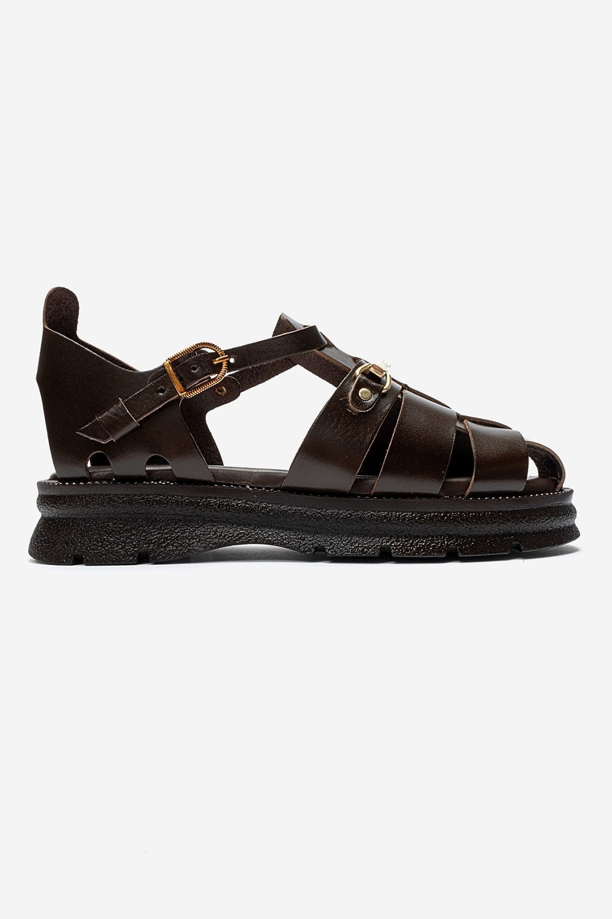 RIELA - Brown Genuine Leather Buckled Sandal – heel view showing leather, gold, Vowalisse