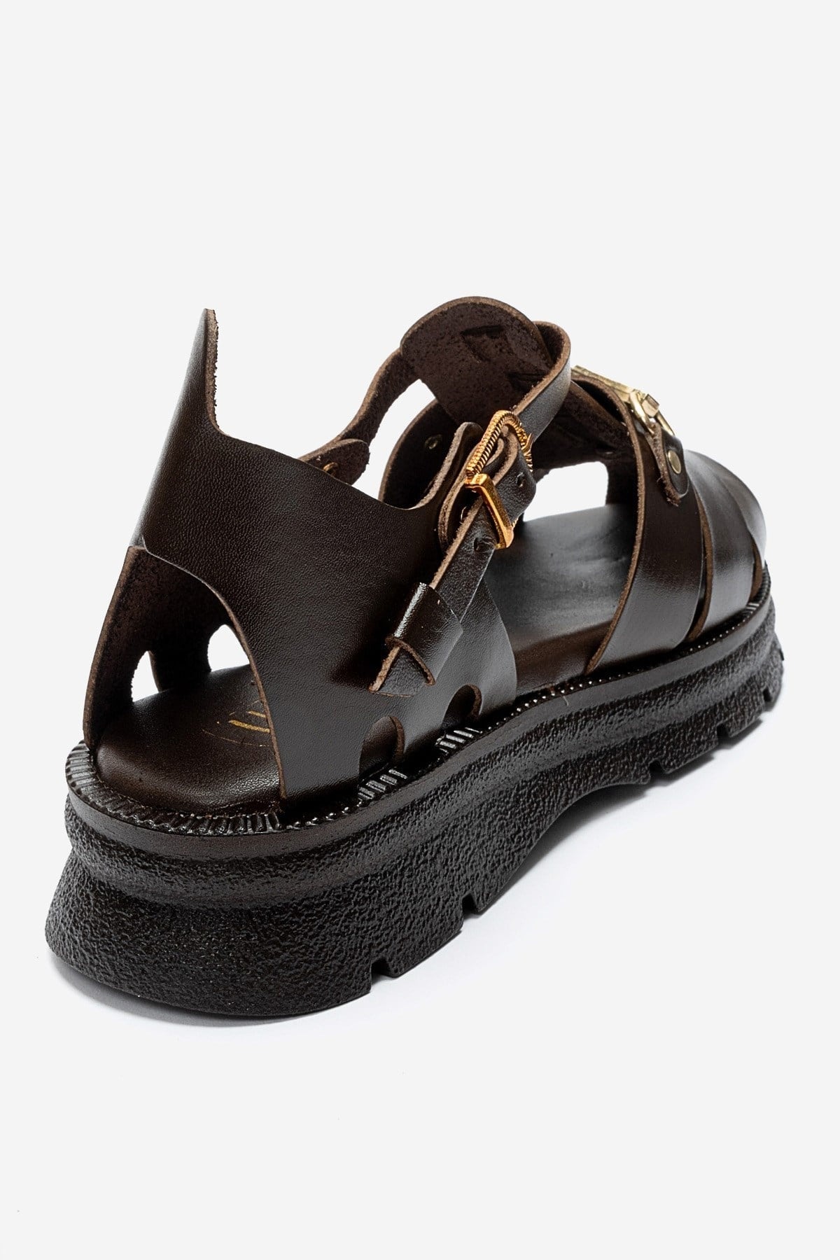 RIELA - Brown Genuine Leather Buckled Sandal – back view showing leather, gold, Vowalisse