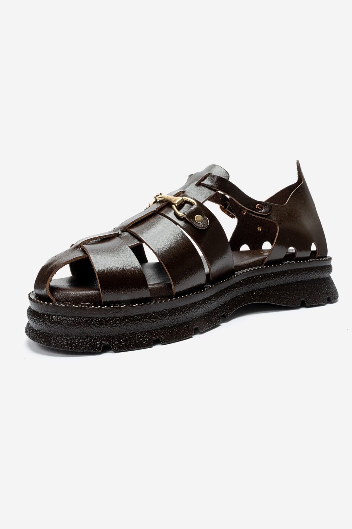 RIELA - Brown Genuine Leather Buckled Sandal – top view showing leather, gold, Vowalisse