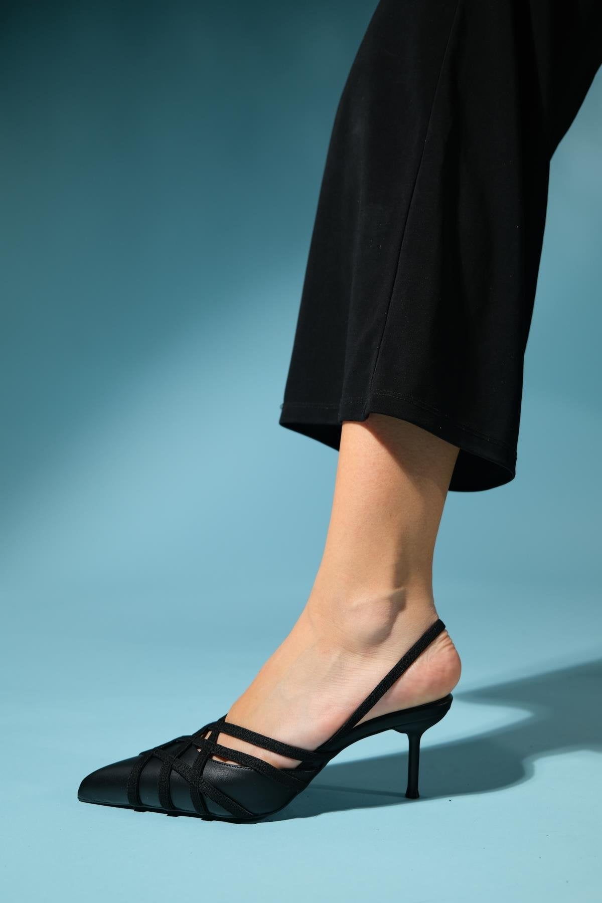 March - Black Slim Heel Pump – top view showing leather, black, Vowalisse