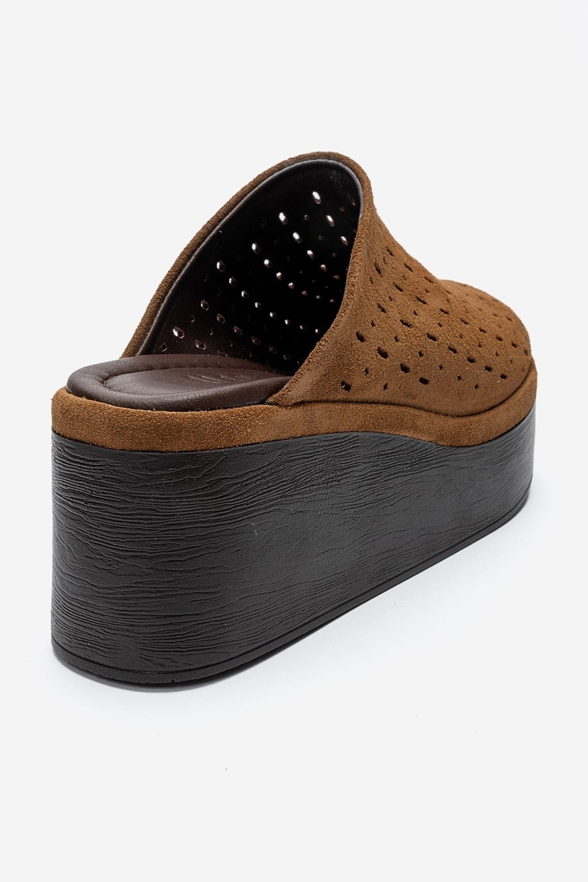 Lune - Taupe Genuine Leather Platform Mule – side view showing leather, suede, Vowalisse