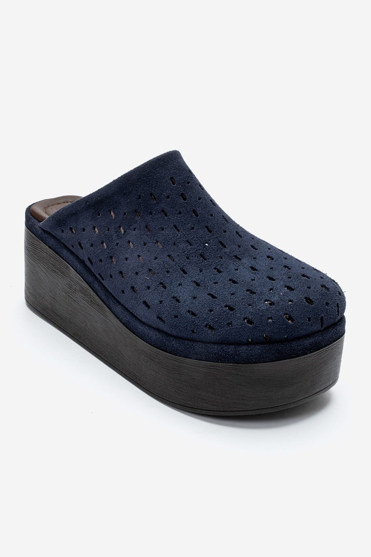 Lune - Navy Genuine Leather Platform Mule – detail view showing leather, suede, Vowalisse