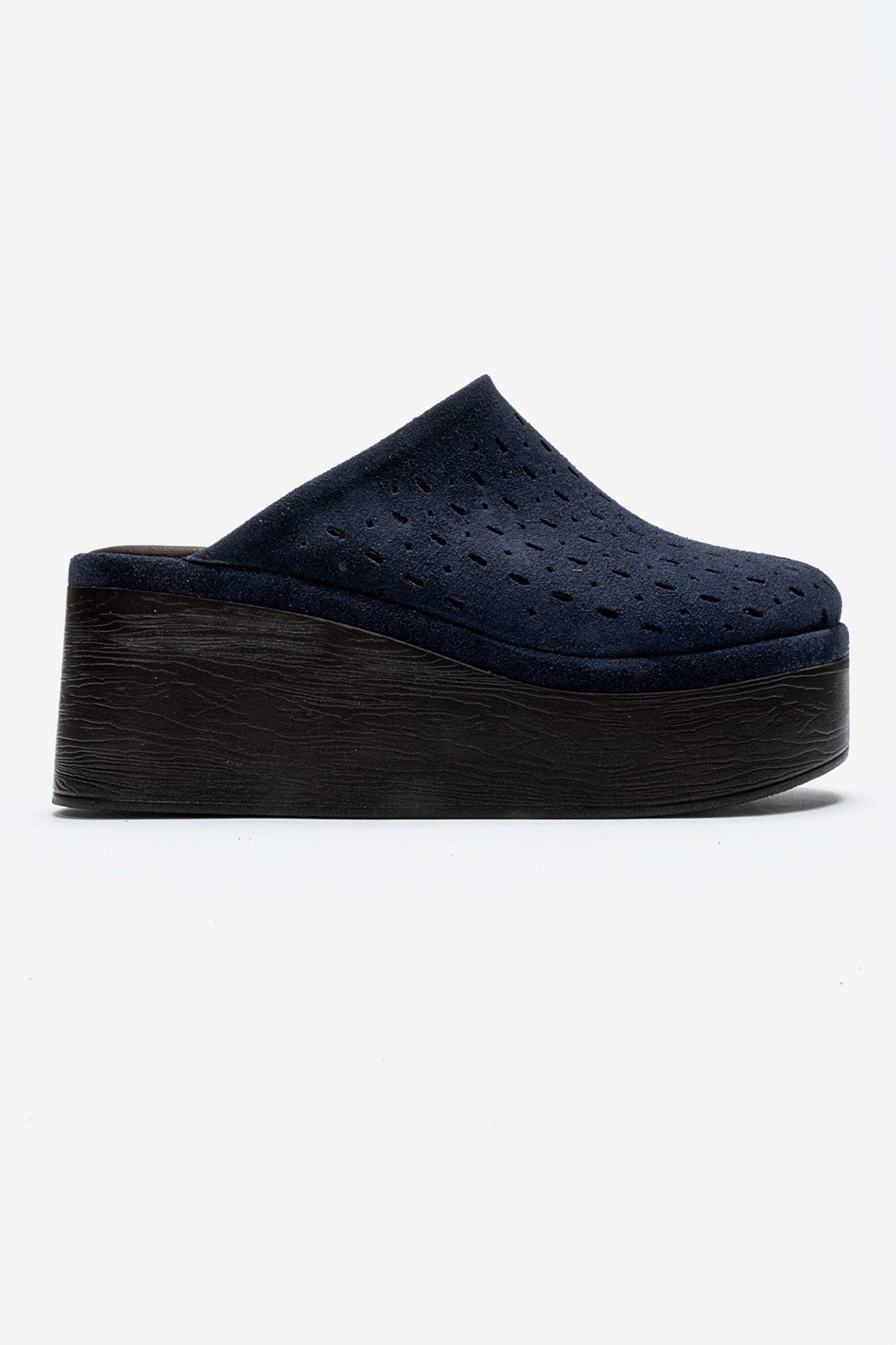 Lune - Navy Genuine Leather Platform Mule – heel view showing leather, suede, Vowalisse