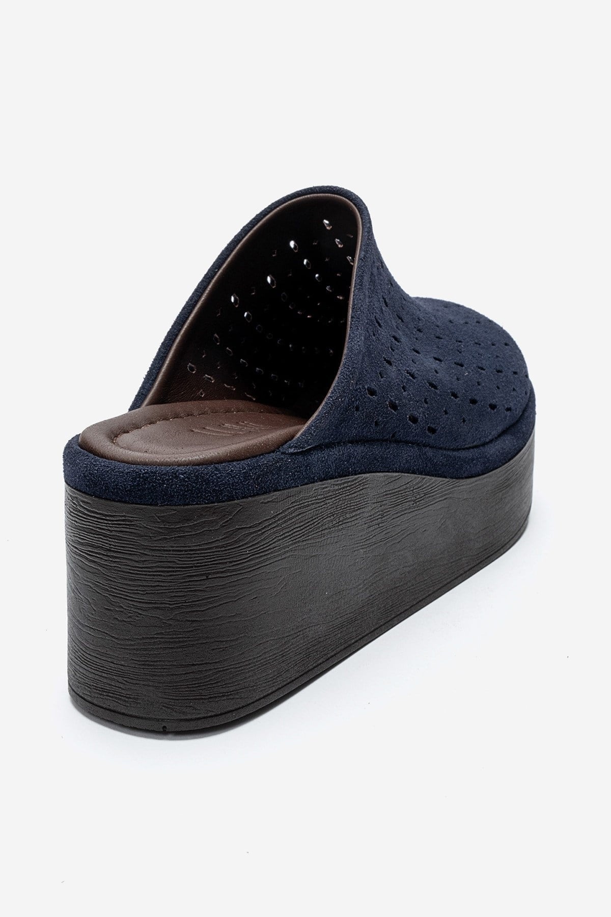 Lune - Navy Genuine Leather Platform Mule – back view showing leather, suede, Vowalisse