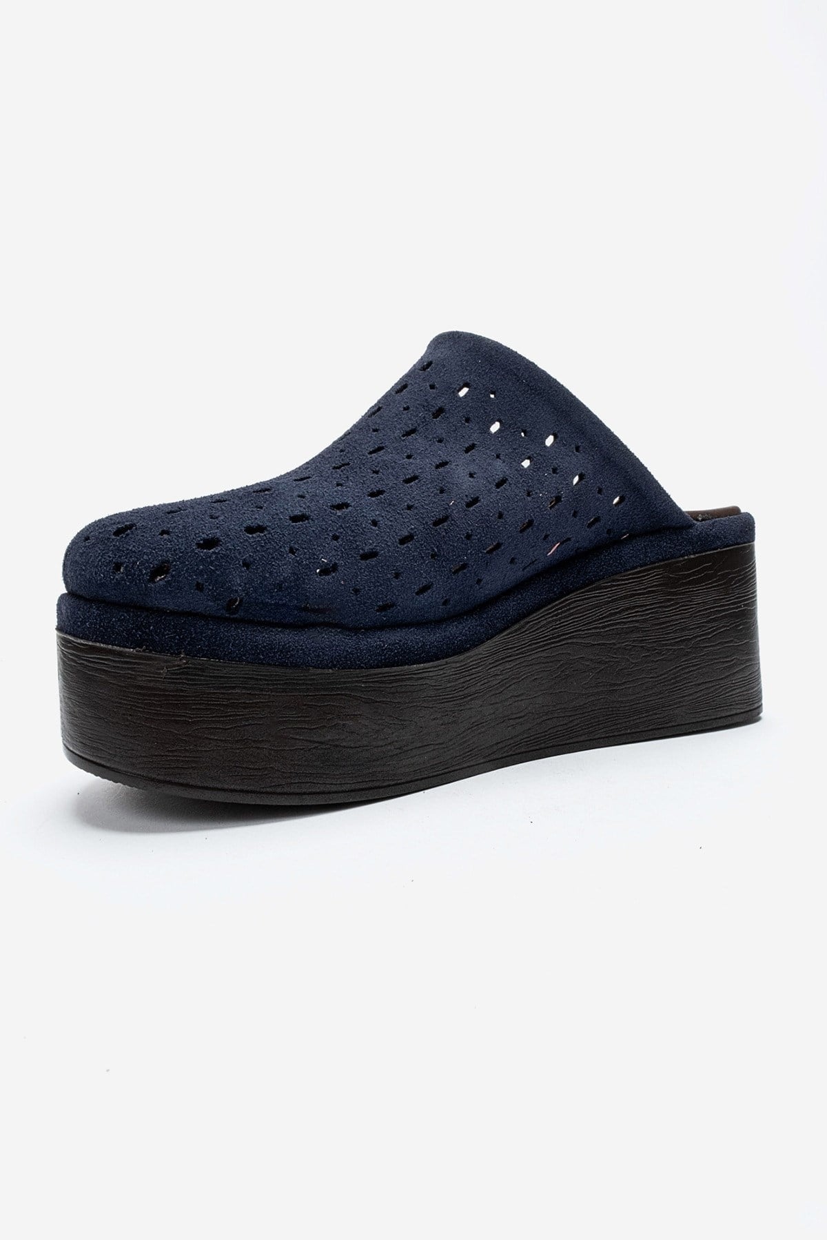 Lune - Navy Genuine Leather Platform Mule – top view showing leather, suede, Vowalisse
