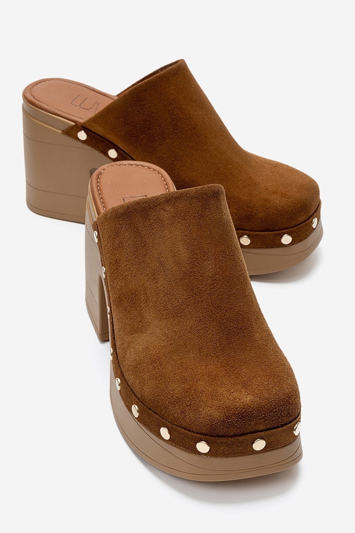 BELLUNE - Camel Genuine Leather Platform Block Heel Mule – front three-quarter view showing leather, suede, Vowalisse