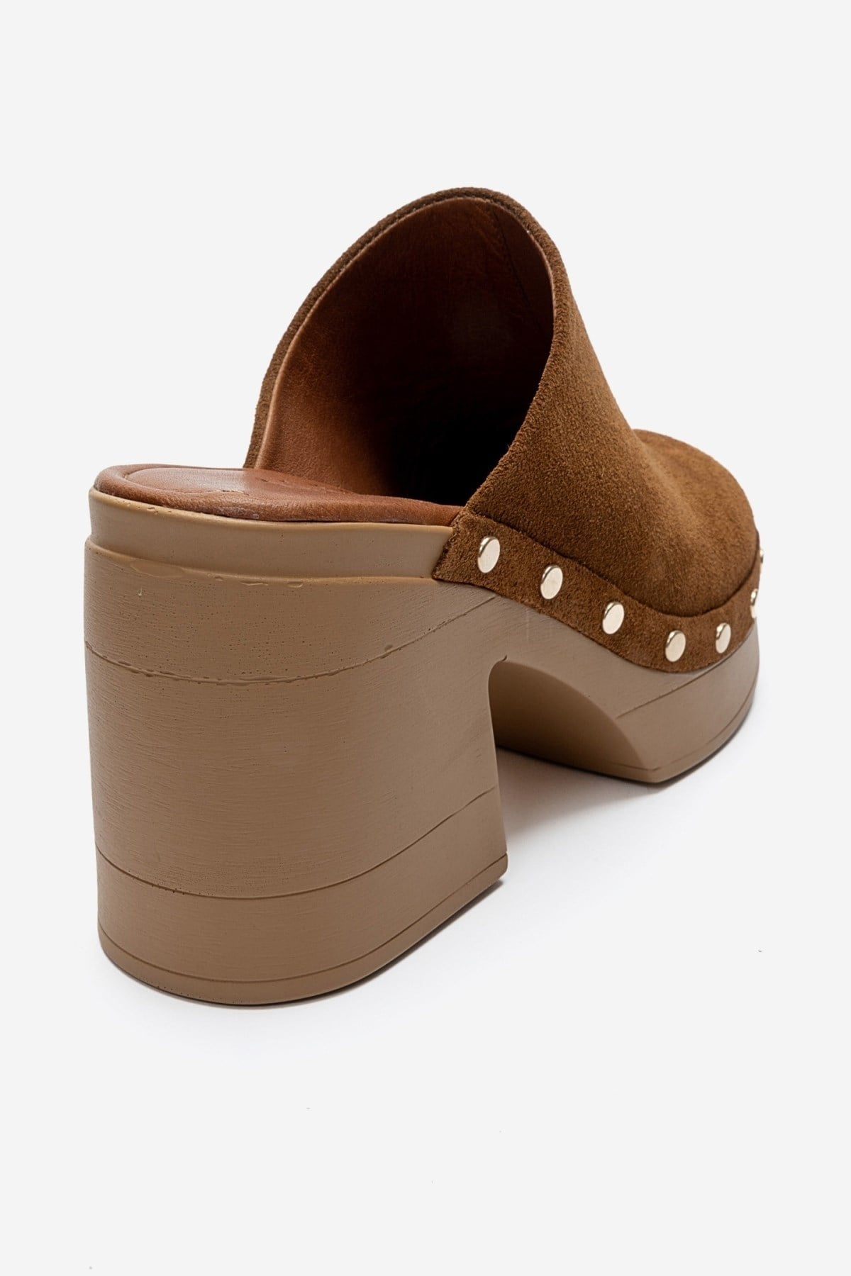 BELLUNE - Camel Genuine Leather Platform Block Heel Mule – heel view showing leather, suede, Vowalisse