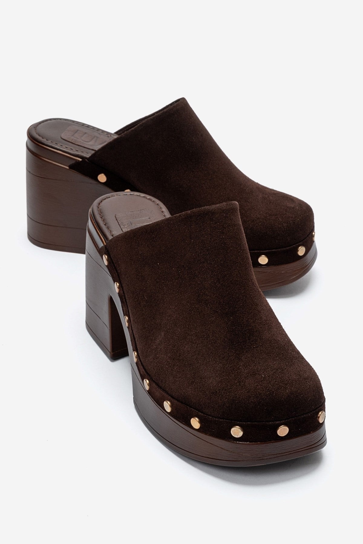 BELLUNE - Brown Genuine Leather Platform Block Heel Mule – front three-quarter view showing leather, suede, Vowalisse