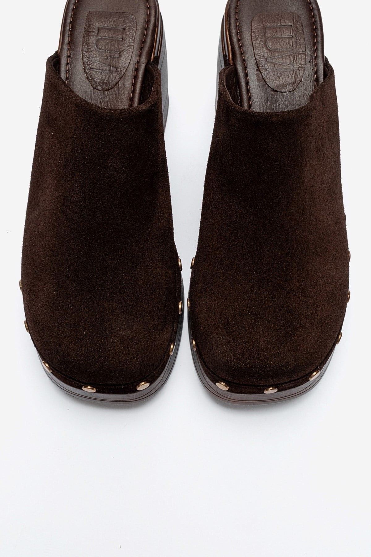 BELLUNE - Brown Genuine Leather Platform Block Heel Mule – side view showing leather, suede, Vowalisse
