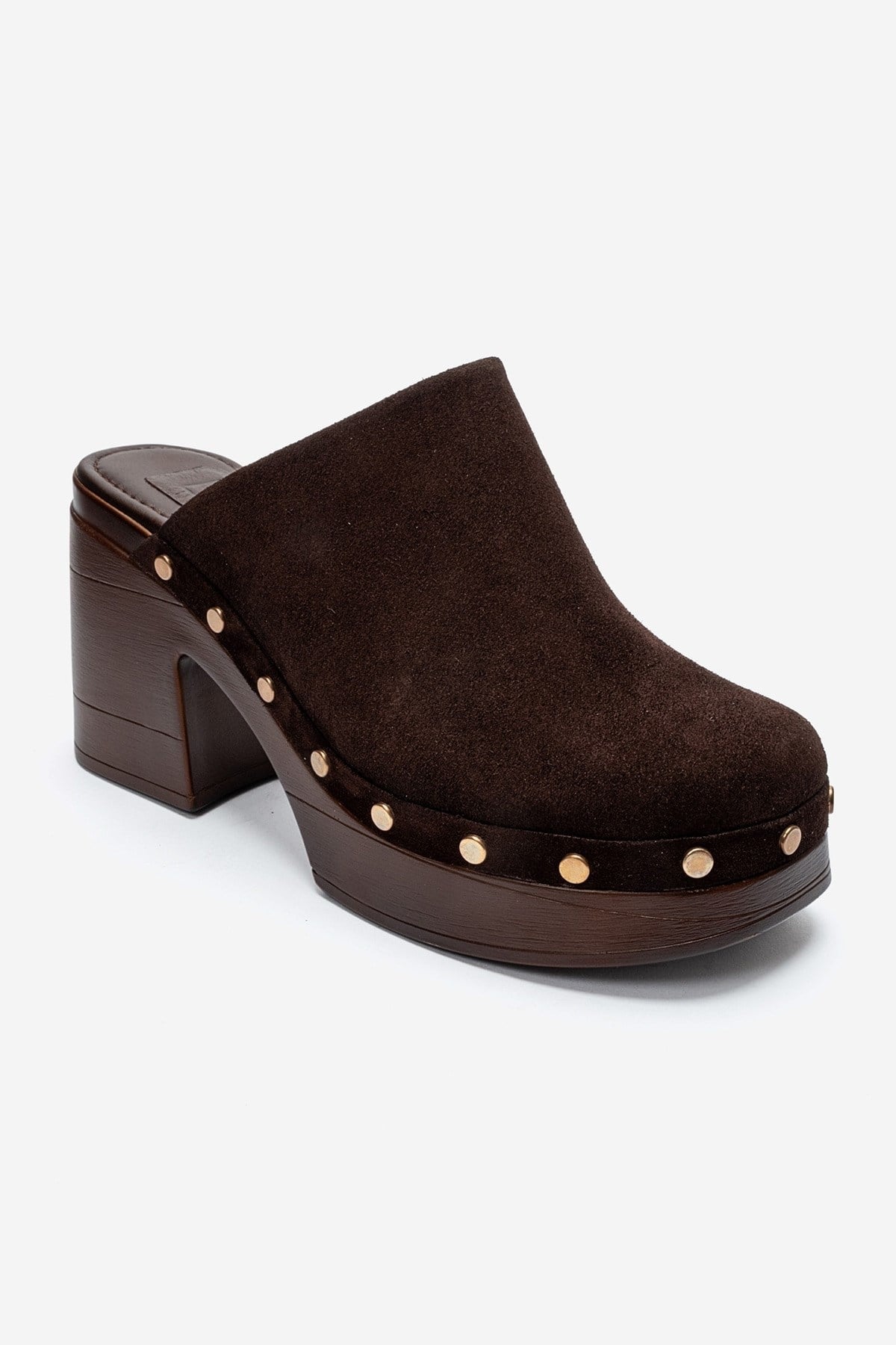 BELLUNE - Brown Genuine Leather Platform Block Heel Mule – detail view showing leather, suede, Vowalisse