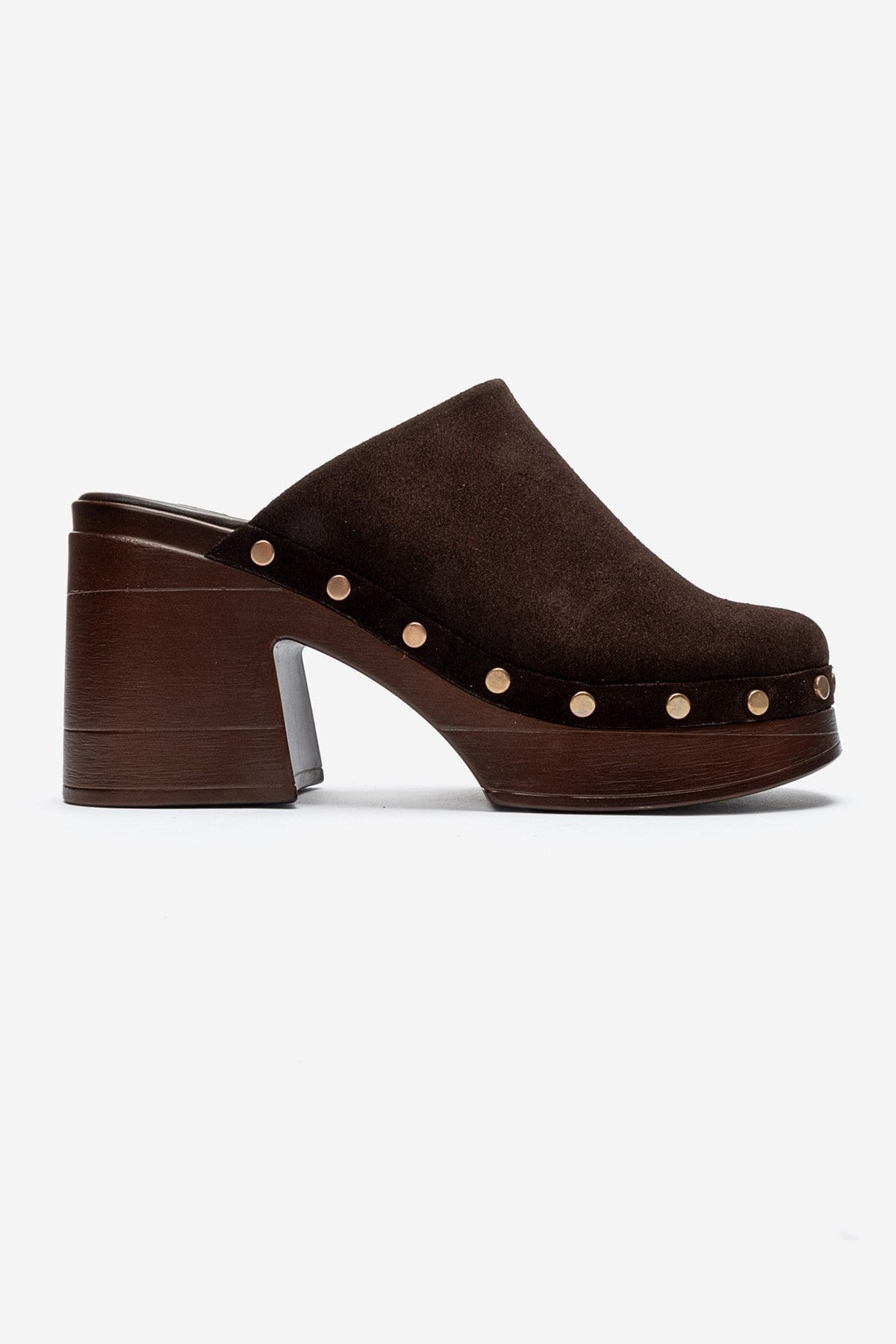 BELLUNE - Brown Genuine Leather Platform Block Heel Mule – heel view showing leather, suede, Vowalisse