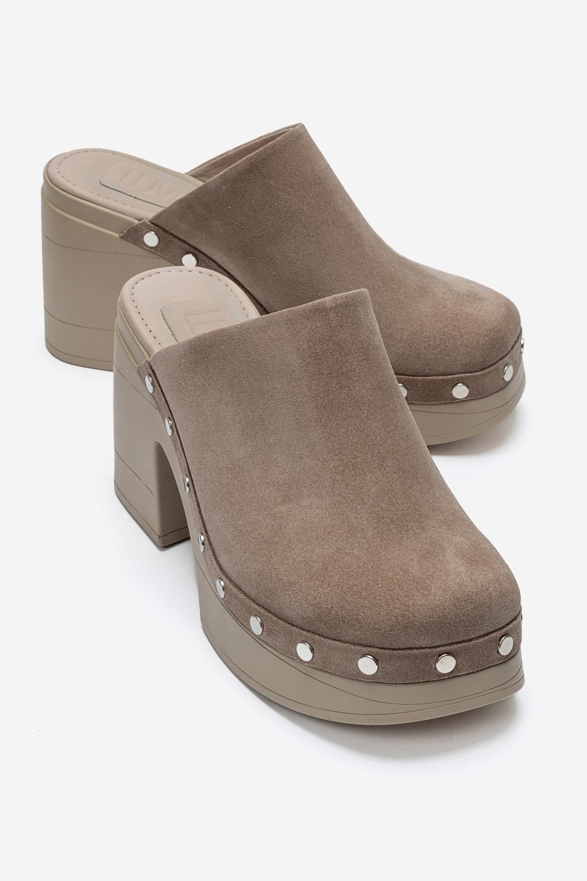 BELLUNE - Taupe Genuine Leather Platform Block Heel Mule – front three-quarter view showing leather, suede, Vowalisse
