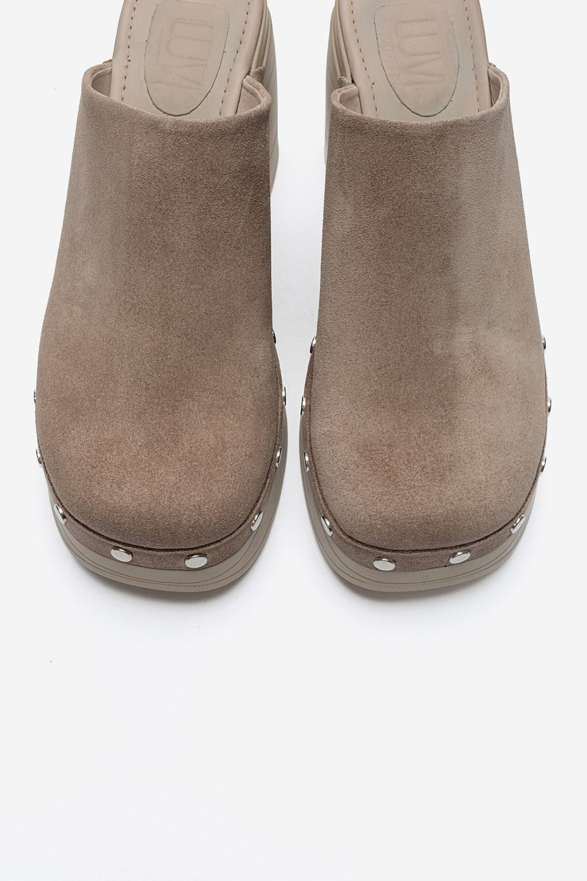 BELLUNE - Taupe Genuine Leather Platform Block Heel Mule – side view showing leather, suede, Vowalisse