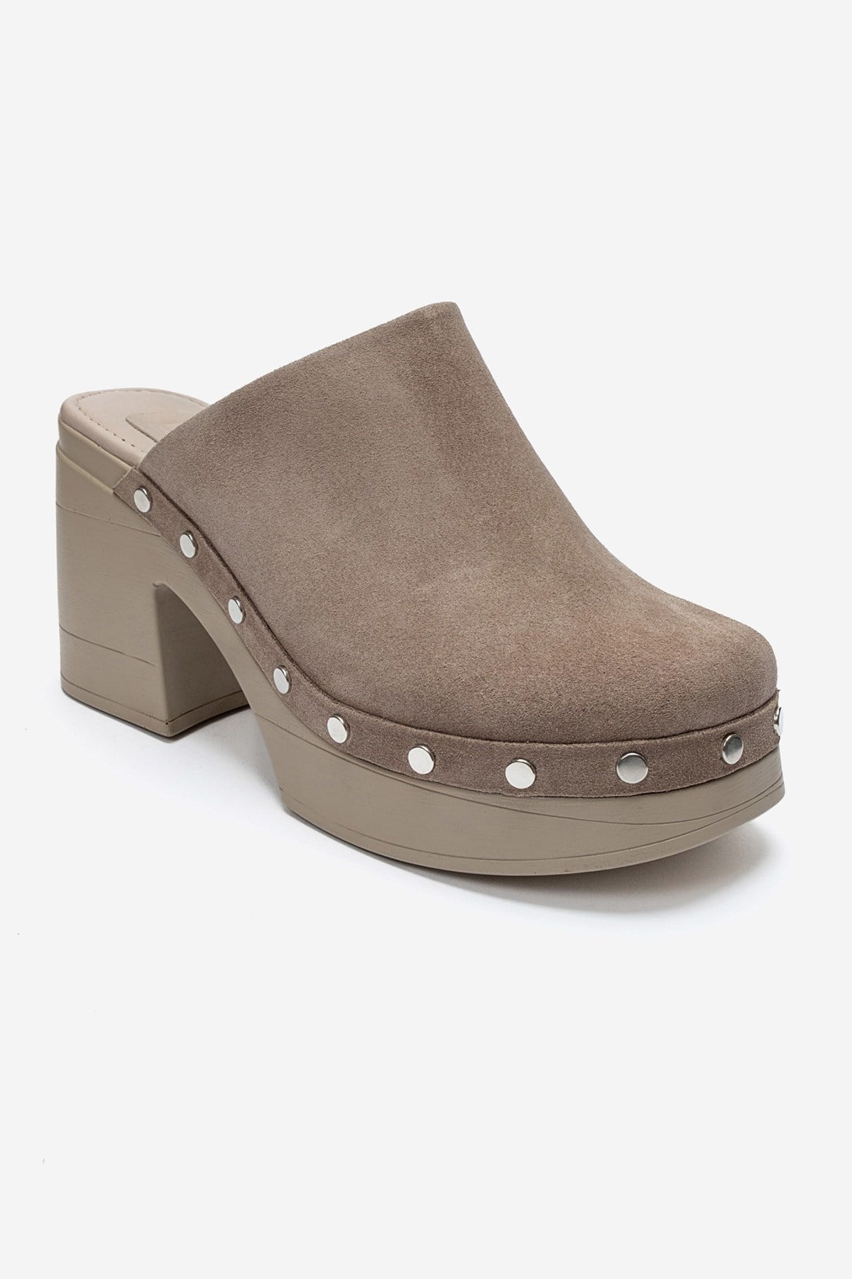 BELLUNE - Taupe Genuine Leather Platform Block Heel Mule – detail view showing leather, suede, Vowalisse