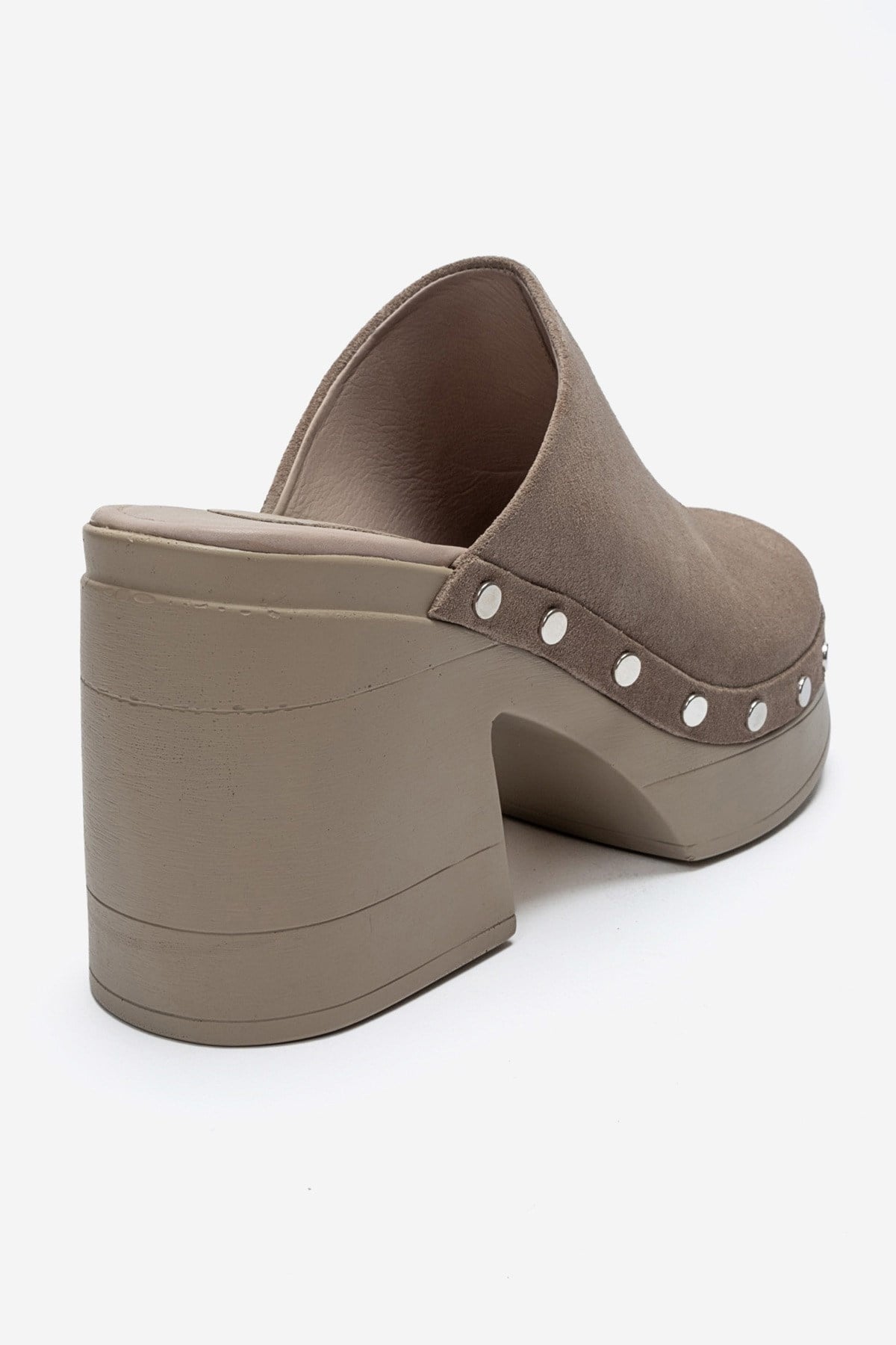 BELLUNE - Taupe Genuine Leather Platform Block Heel Mule – back view showing leather, suede, Vowalisse