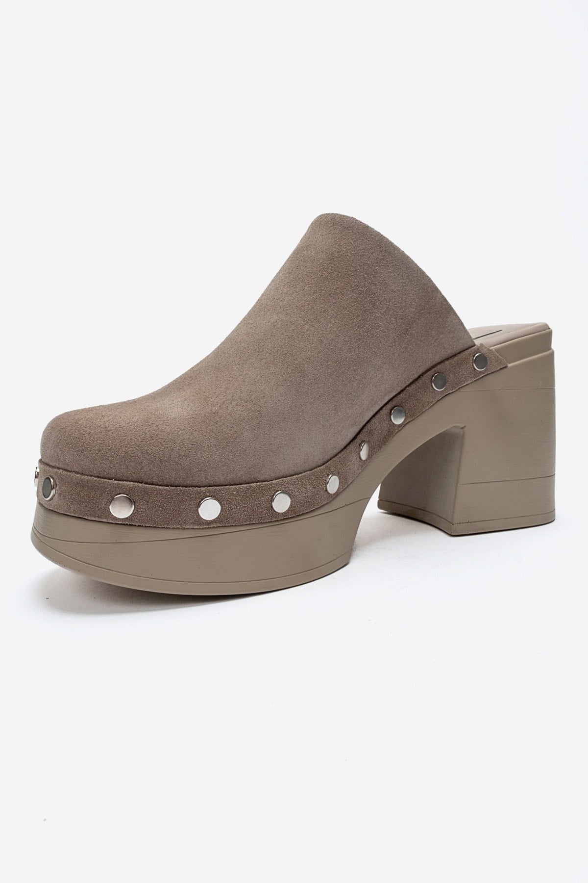 BELLUNE - Taupe Genuine Leather Platform Block Heel Mule – top view showing leather, suede, Vowalisse