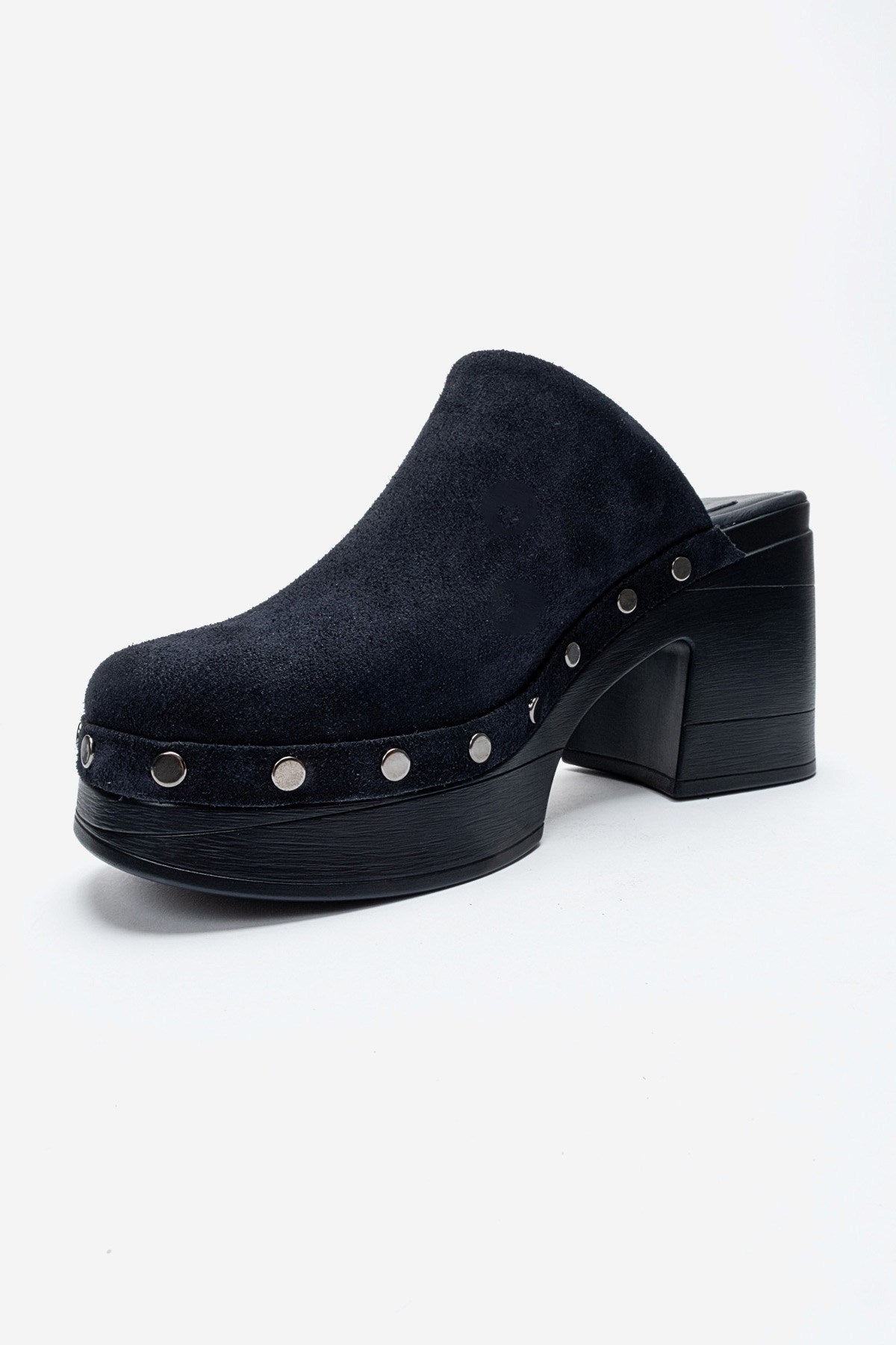 BELLUNE - Navy Genuine Leather Platform Block Heel Mule – top view showing leather, suede, Vowalisse