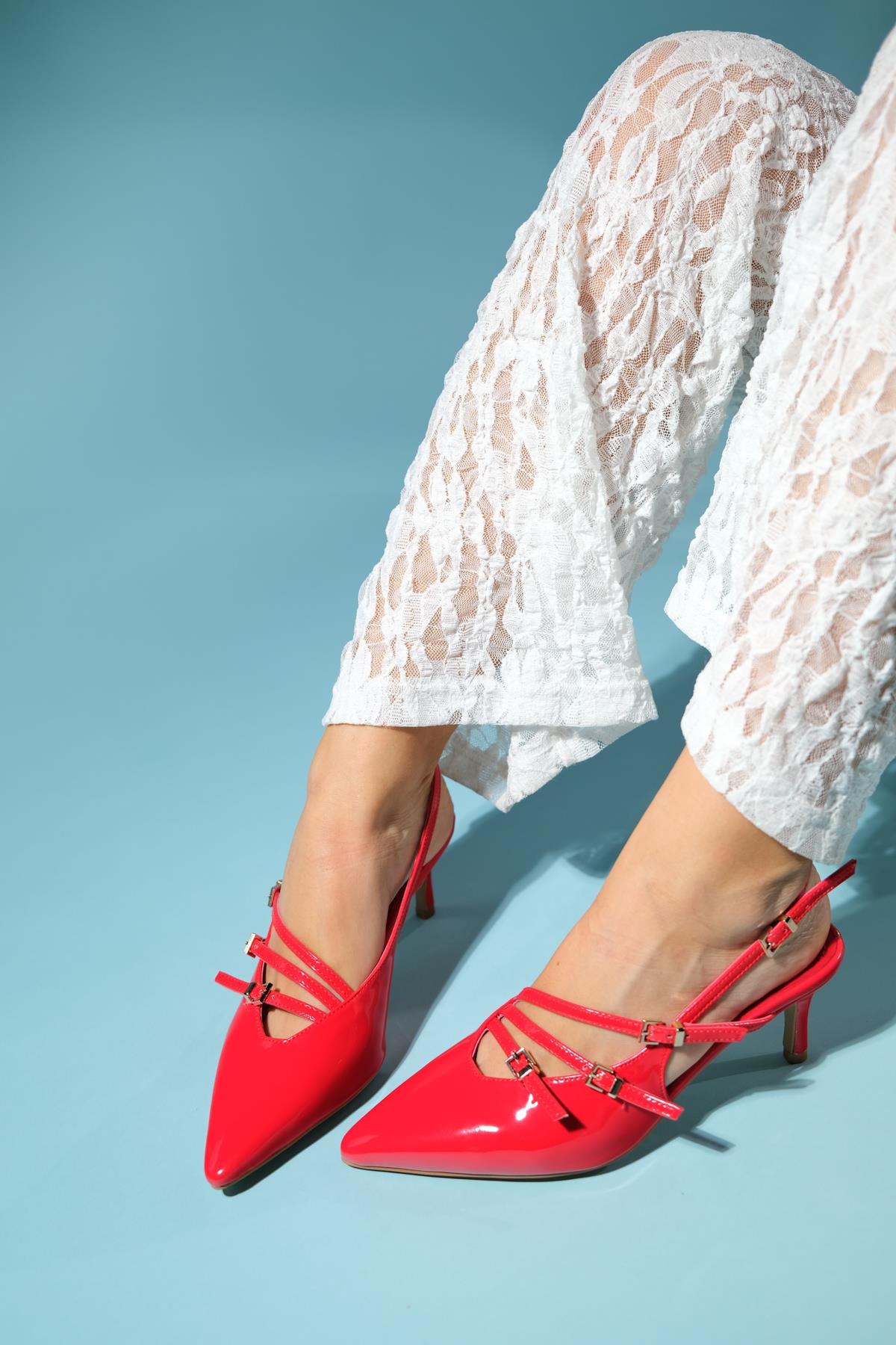 Magra Red Patent Pointed-Toe Slingback Stiletto – side view showing leather, red, Vowalisse