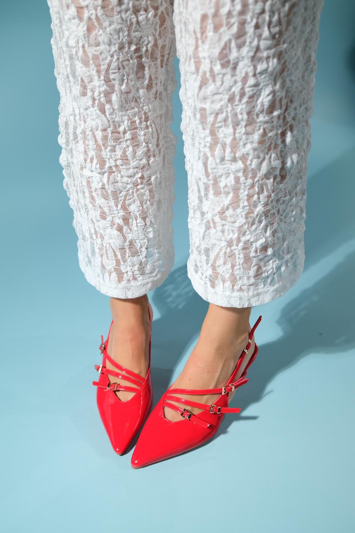 Magra Red Patent Pointed-Toe Slingback Stiletto – top view showing leather, red, Vowalisse