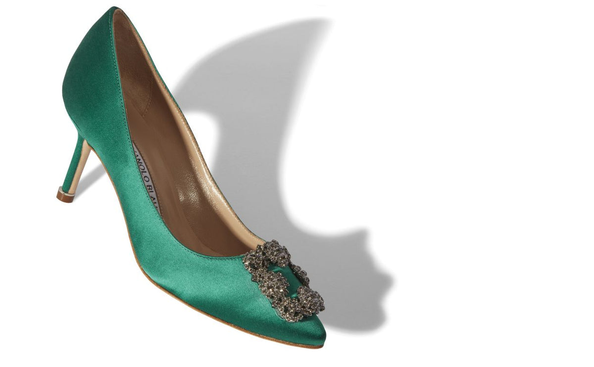 Camellia Belle Green Jewel Buckle Pumps – front three-quarter view showing green jewel buckle, crystal buckle, almond toe…
