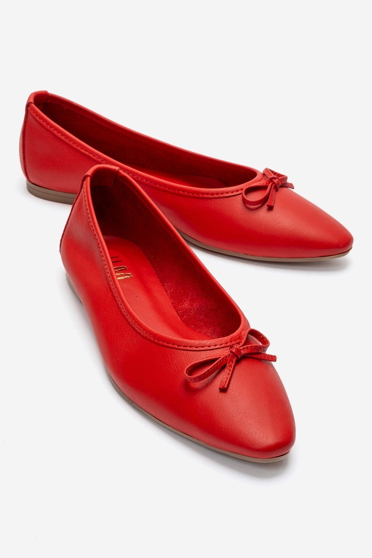 Umiel - Red Genuine Leather Bow Ballet Flat – front three-quarter view showing bow, leather, red, Vowalisse