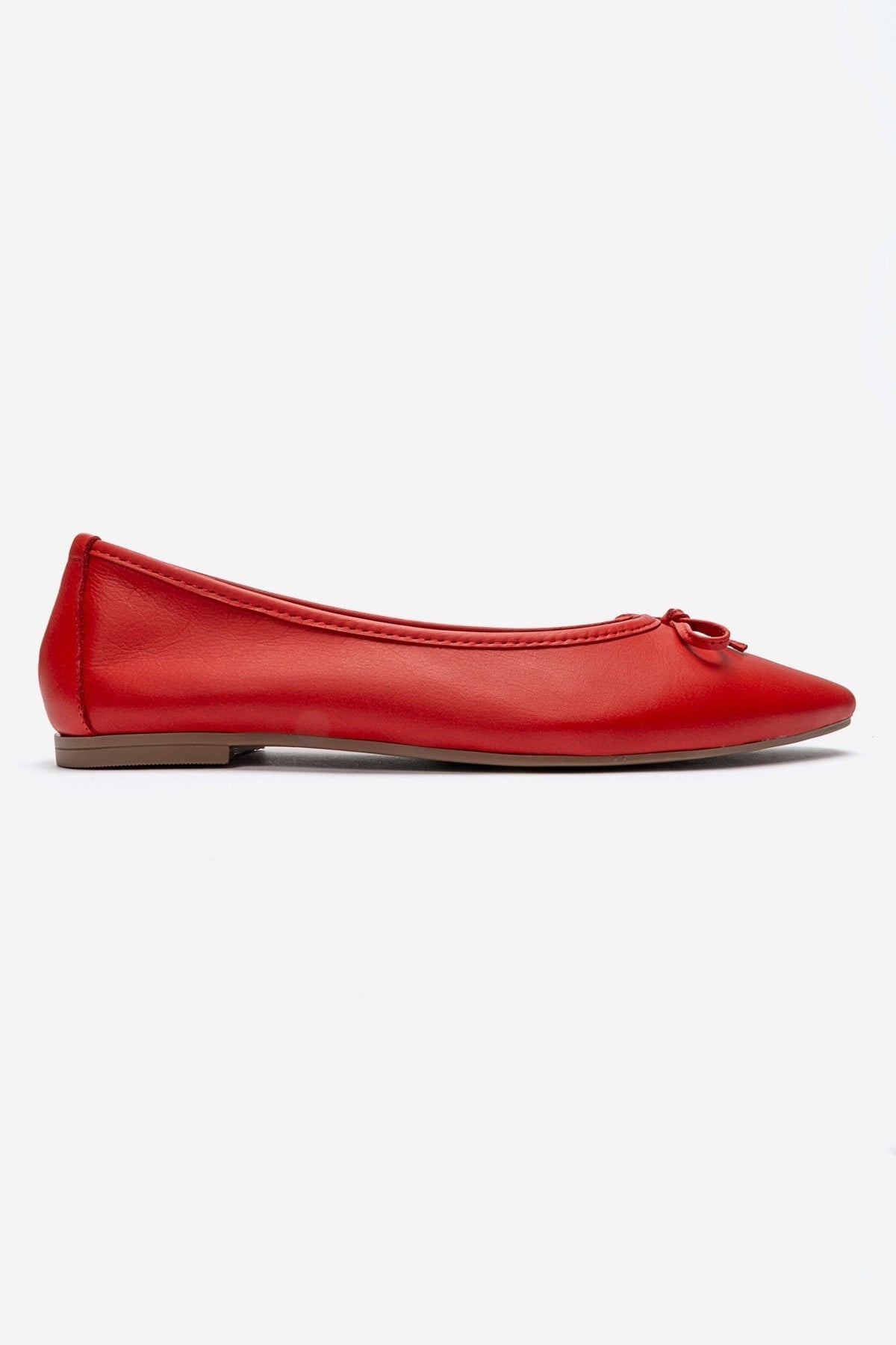 Umiel - Red Genuine Leather Bow Ballet Flat – heel view showing bow, leather, red, Vowalisse