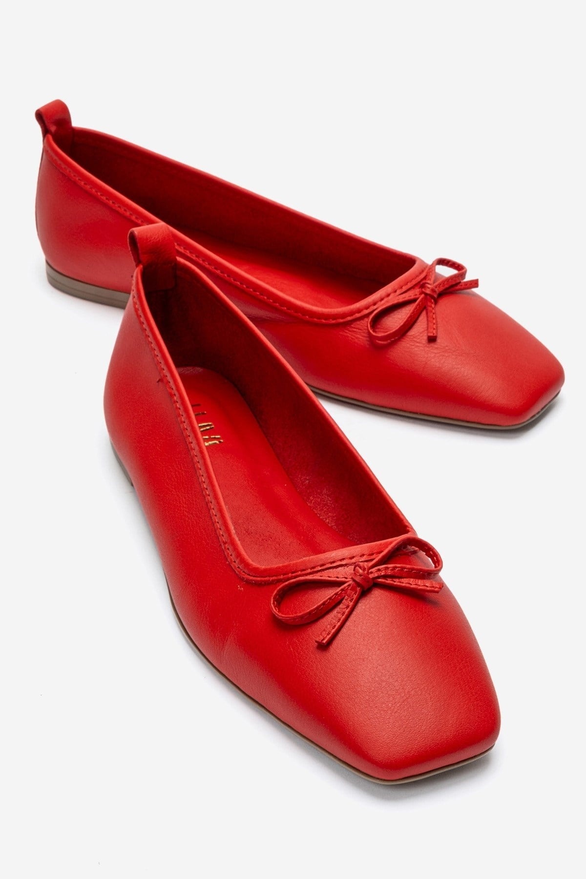 Sosa - Red Genuine Leather Square Toe Bow Ballet Flat – front three-quarter view showing bow, leather, red, Vowalisse