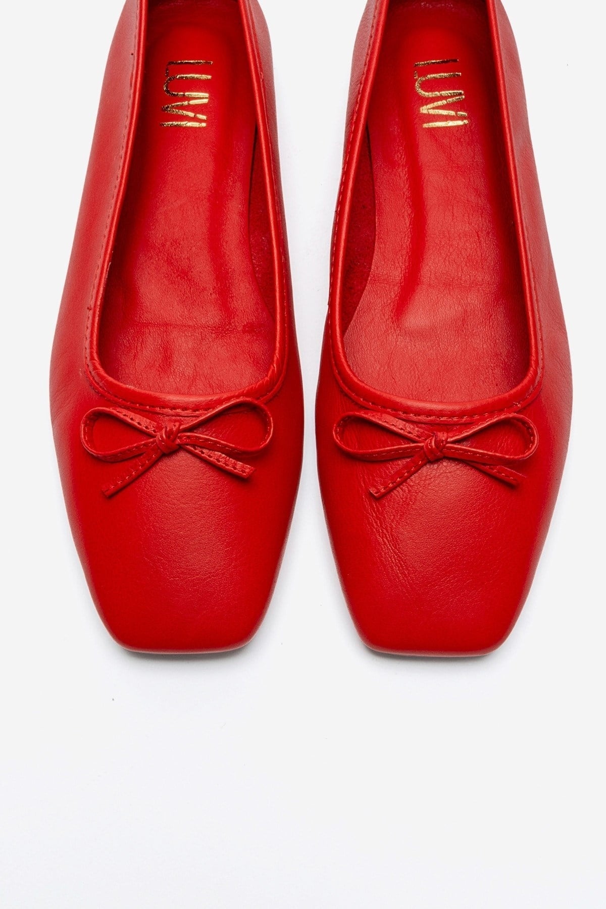 Sosa - Red Genuine Leather Square Toe Bow Ballet Flat – side view showing bow, leather, red, Vowalisse
