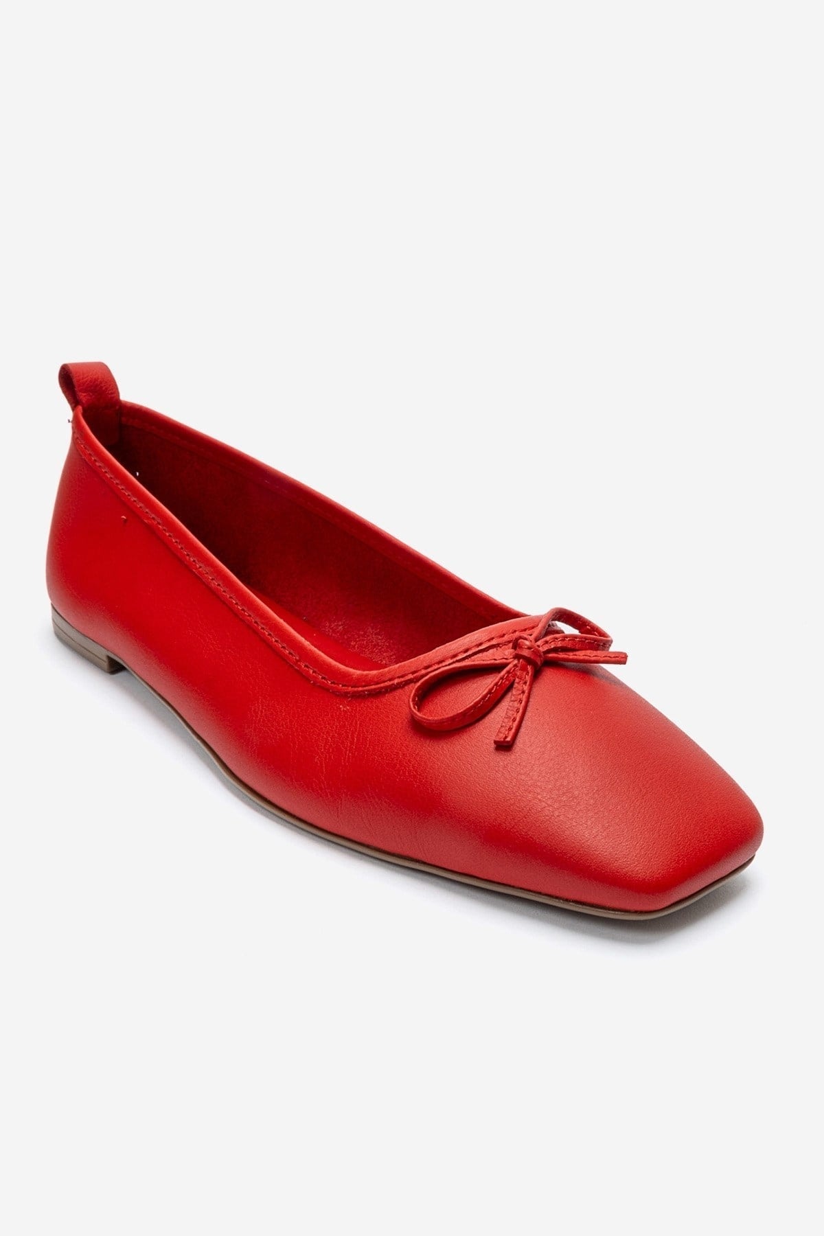 Sosa - Red Genuine Leather Square Toe Bow Ballet Flat – detail view showing bow, leather, red, Vowalisse