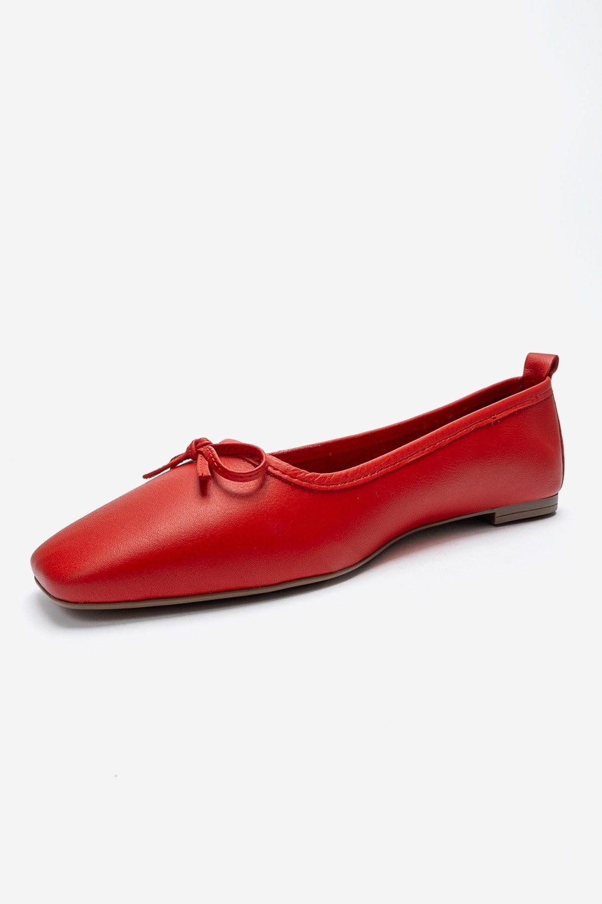 Sosa - Red Genuine Leather Square Toe Bow Ballet Flat – top view showing bow, leather, red, Vowalisse