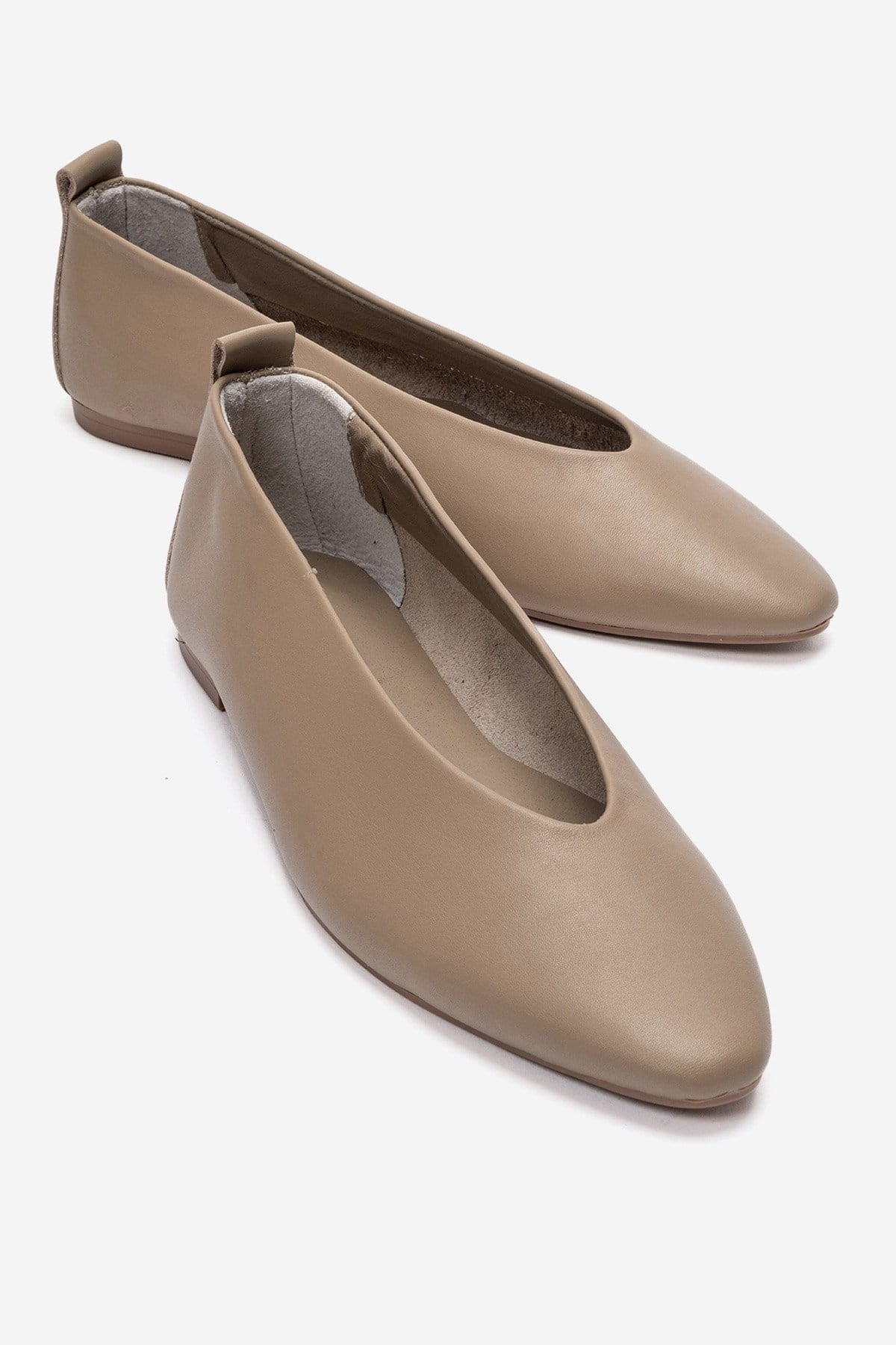 JENAS - Taupe Genuine Leather Ballet Flat – front three-quarter view showing leather, Vowalisse