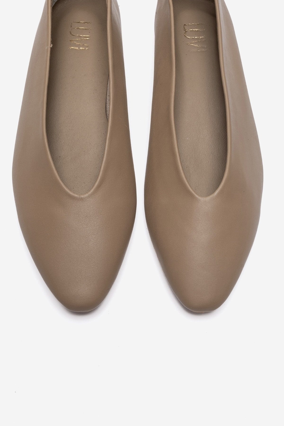 JENAS - Taupe Genuine Leather Ballet Flat – side view showing leather, Vowalisse