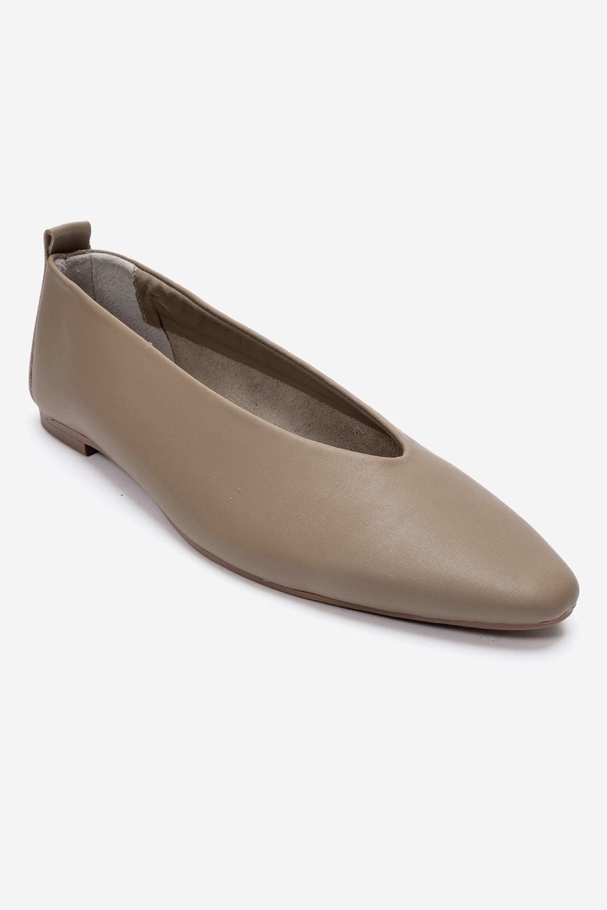 JENAS - Taupe Genuine Leather Ballet Flat – detail view showing leather, Vowalisse