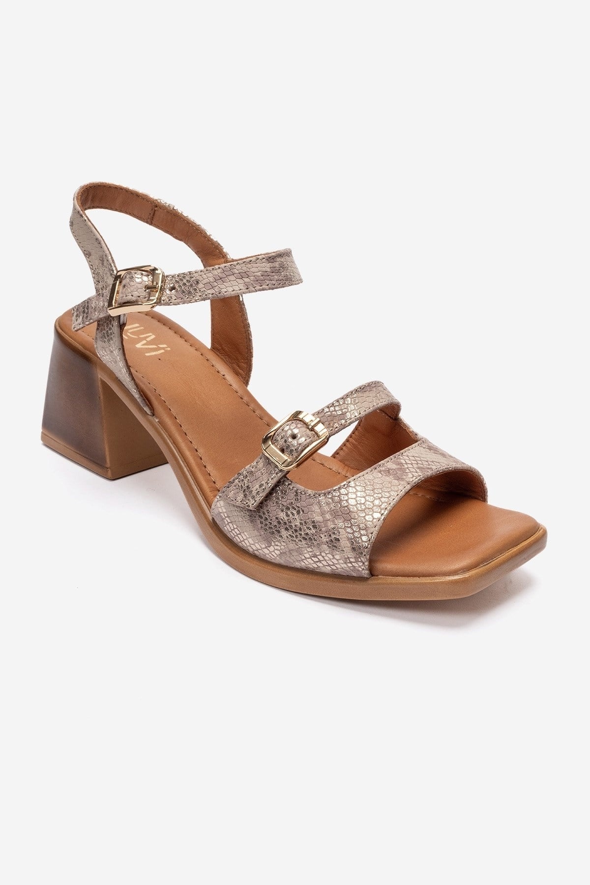 YOLEN - Beige Patterned Genuine Leather Block Heel Sandal – detail view showing leather, Vowalisse
