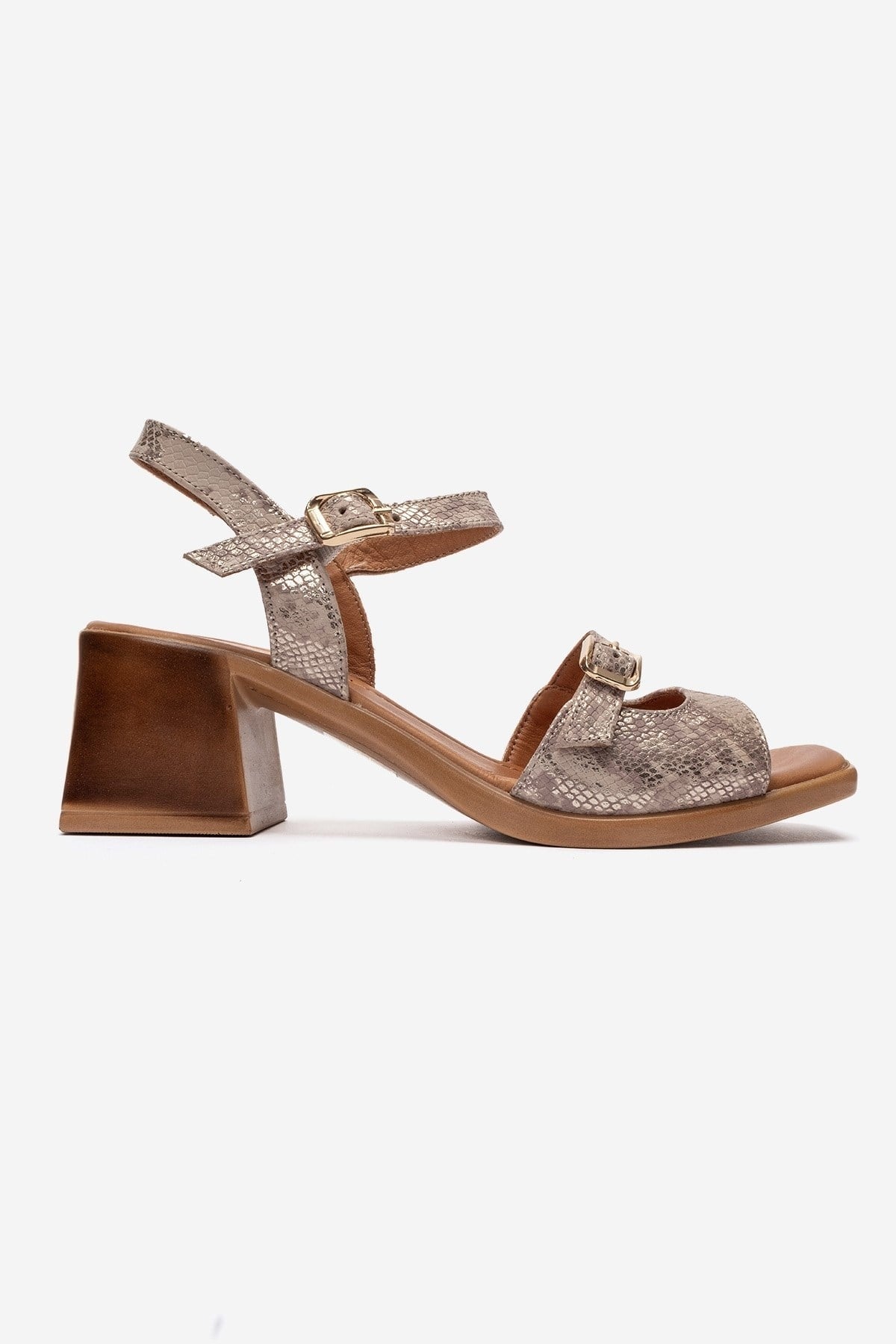 YOLEN - Beige Patterned Genuine Leather Block Heel Sandal – heel view showing leather, Vowalisse