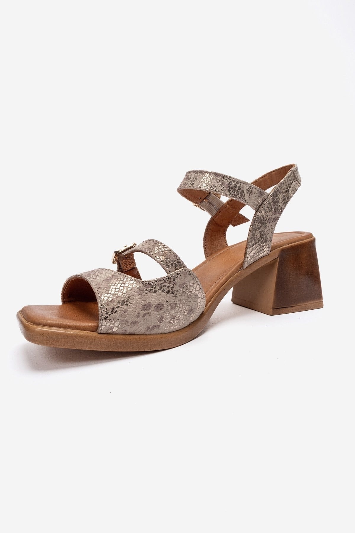 YOLEN - Beige Patterned Genuine Leather Block Heel Sandal – top view showing leather, Vowalisse