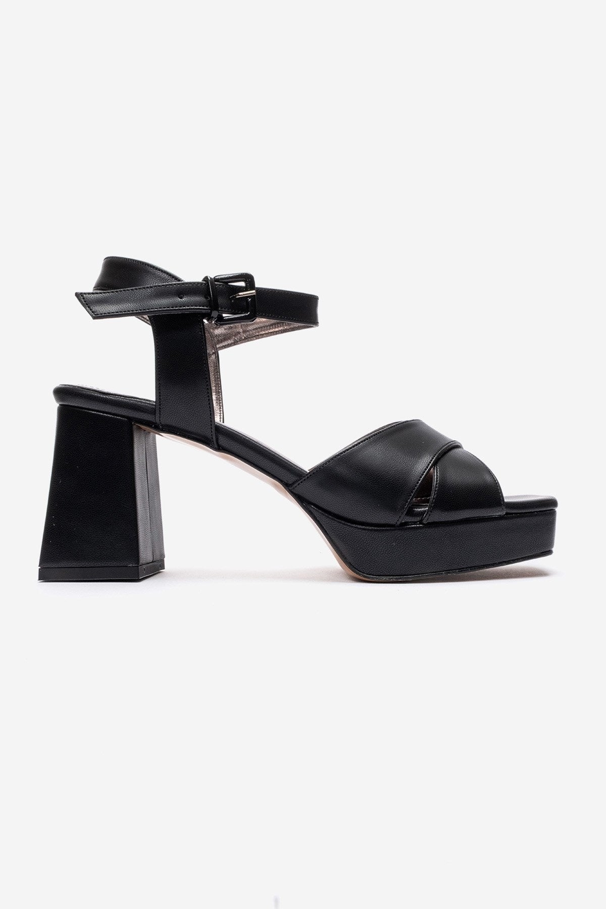 Lisbon - Black Cross Strap Platform Heel – heel view showing leather, black, Vowalisse