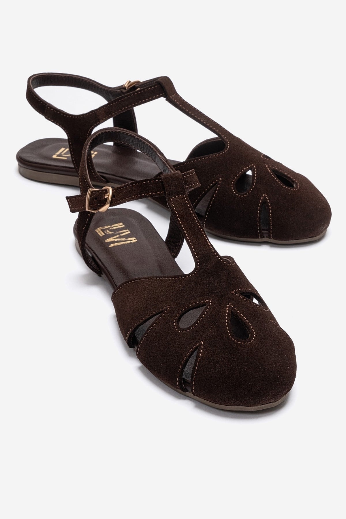 NATHALIE - Brown Genuine Leather Sandal – front three-quarter view showing leather, suede, Vowalisse