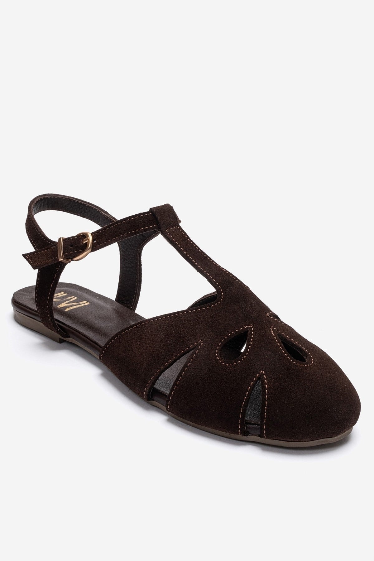 NATHALIE - Brown Genuine Leather Sandal – detail view showing leather, suede, Vowalisse