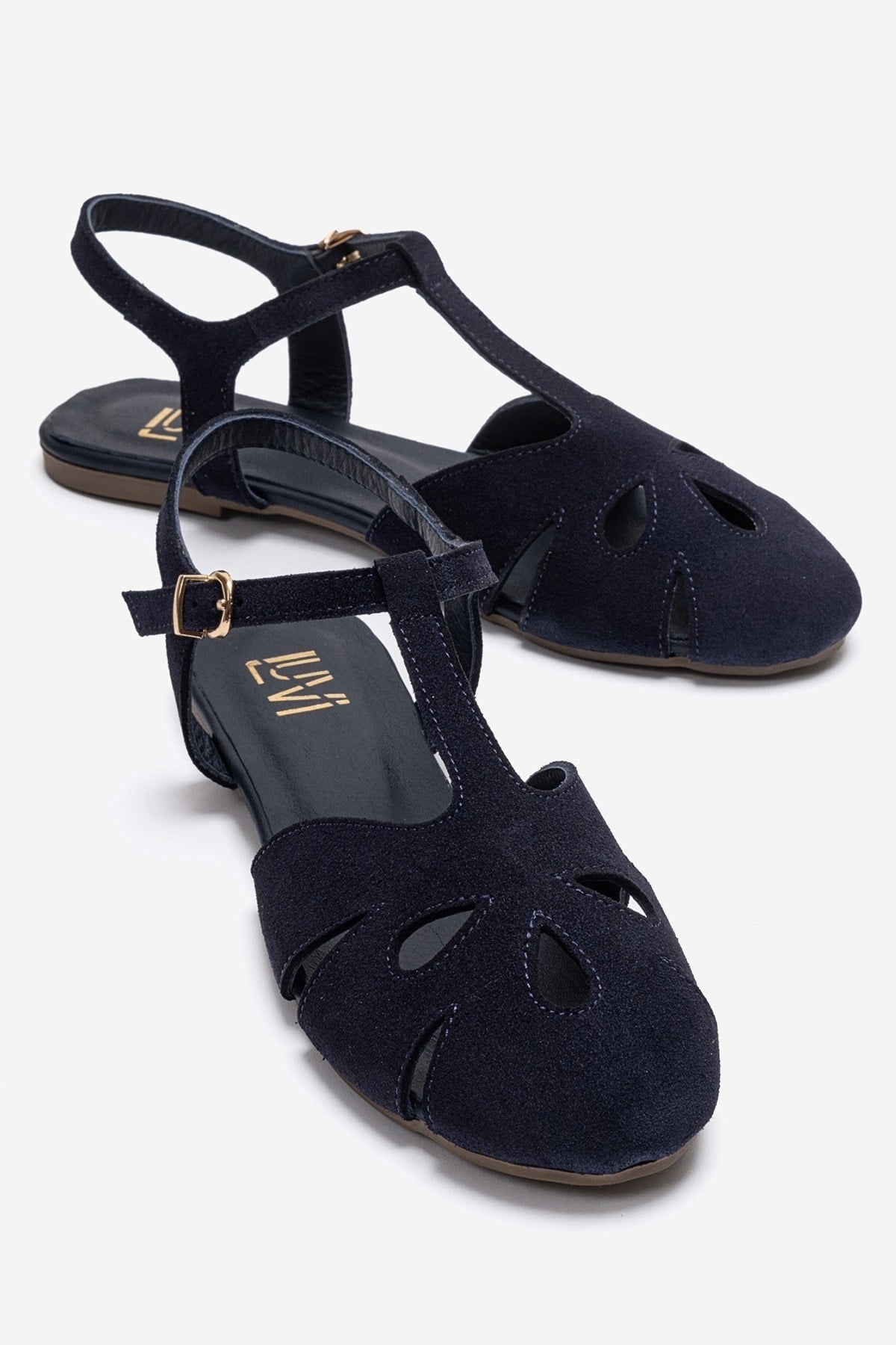 NATHALIE - Navy Genuine Leather Sandal – front three-quarter view showing leather, suede, Vowalisse