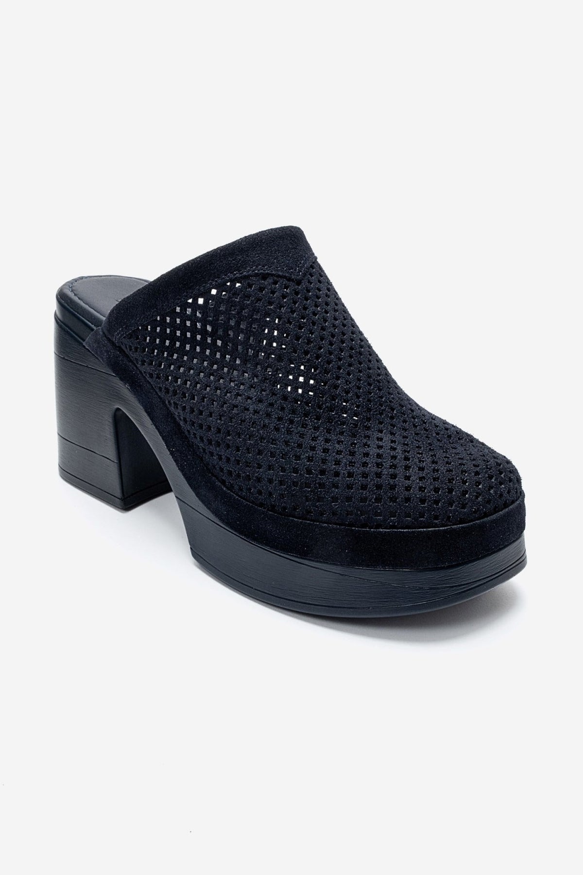 DEJAS - Navy Genuine Leather Platform Block Heel Mule – detail view showing leather, suede, Vowalisse
