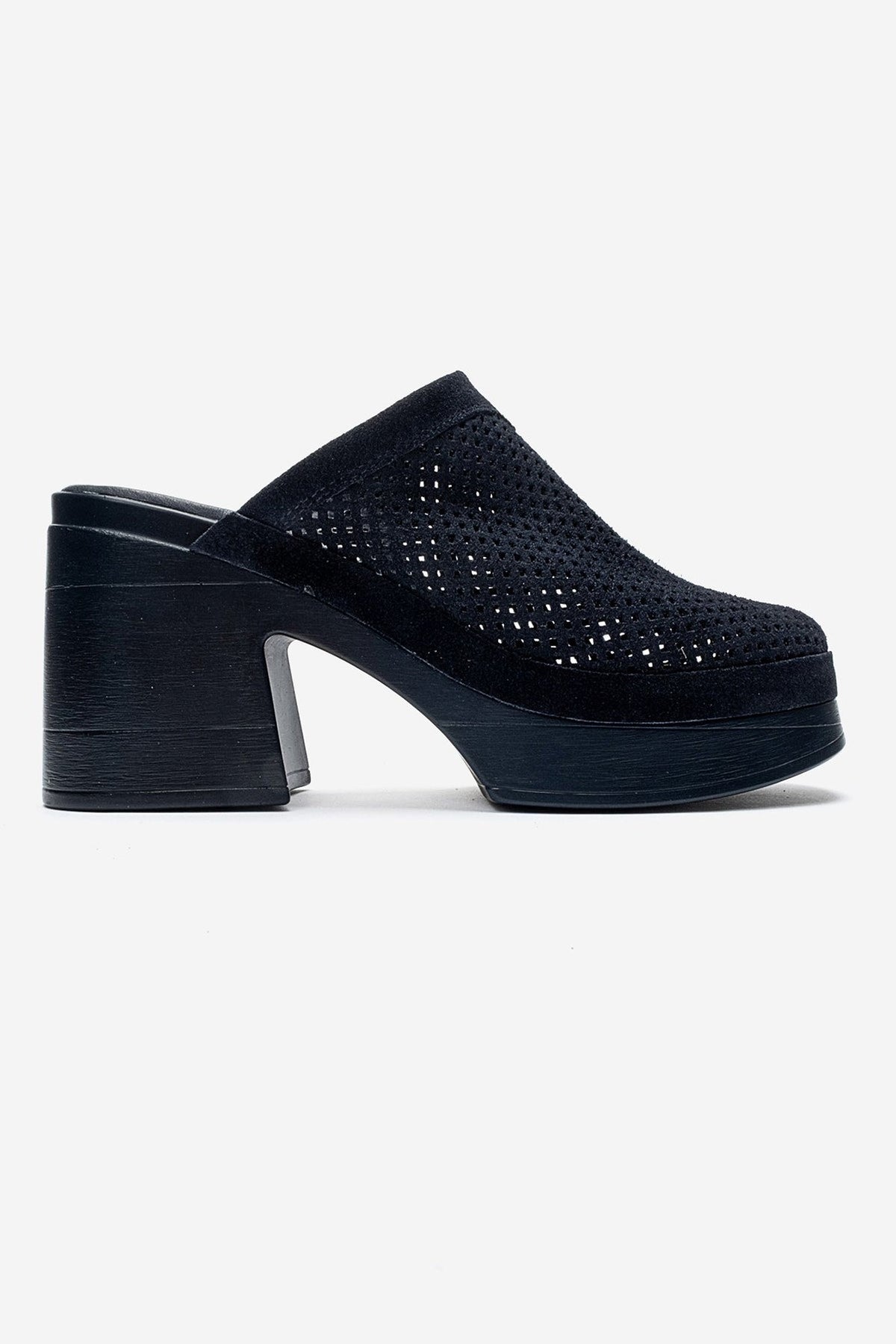 DEJAS - Navy Genuine Leather Platform Block Heel Mule – heel view showing leather, suede, Vowalisse