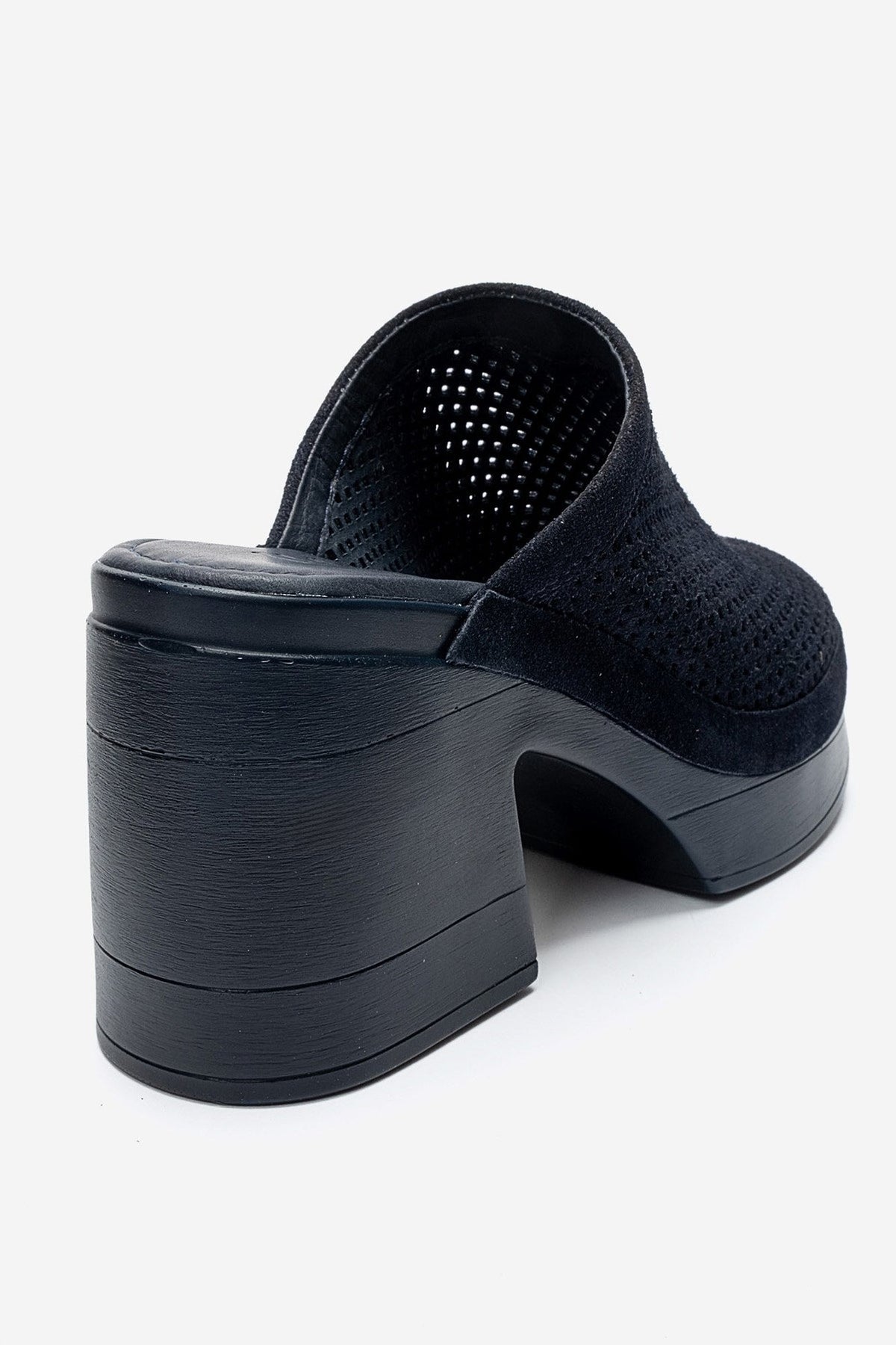 DEJAS - Navy Genuine Leather Platform Block Heel Mule – back view showing leather, suede, Vowalisse